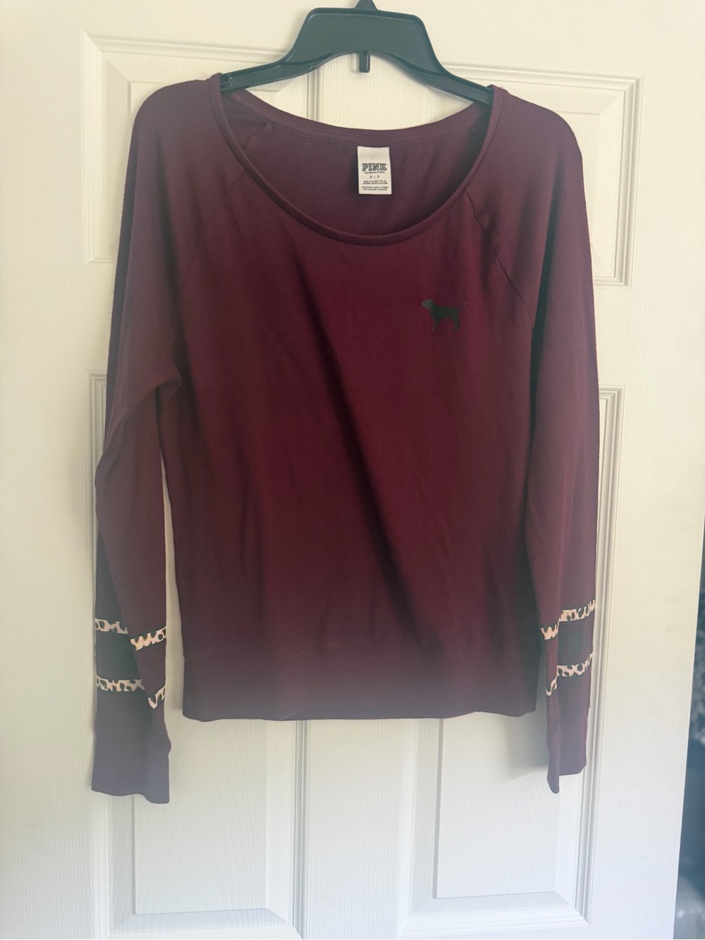 Victoria's Secret PINK Long Sleeve Crewneck Top in Burgundy with Leopard Trim